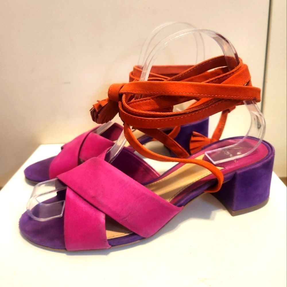 B Brian Atwood "Astor" Pink,Purple, Orange Suede Lace Up Sandals Heel Sz.6 $445
